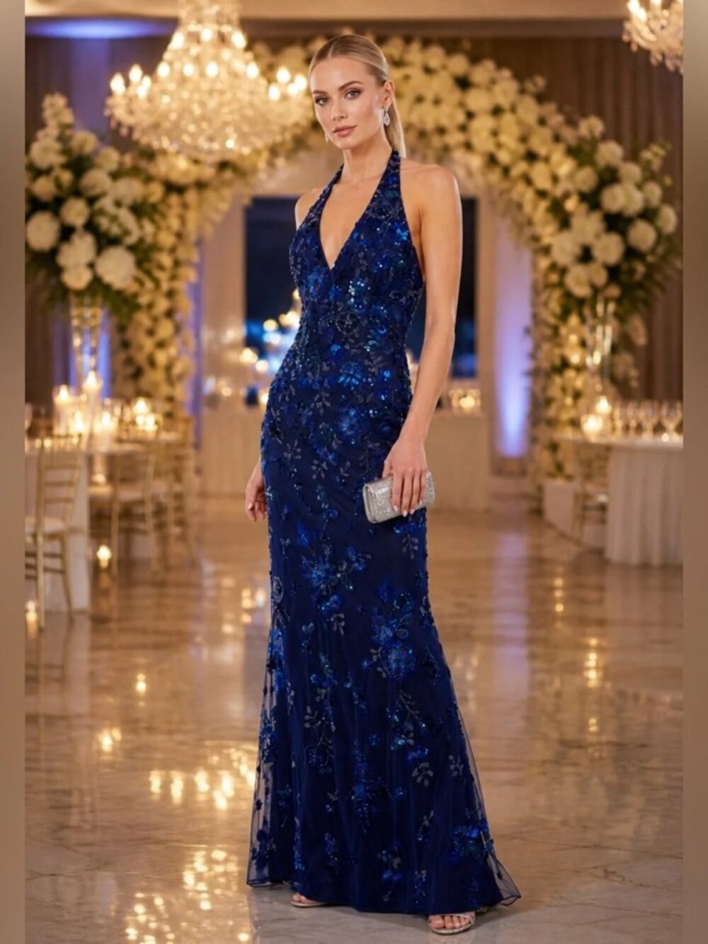 Mac Duggal 5484 Navy Floral Embellished Halter Gown Sz 6 BNWT!